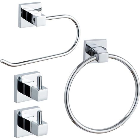 Lot de 4 porte-serviettes muraux chromés pour salle de bain - Porte-rouleau de papier toilette - 2 crochets porte-serviettes 15-0402 (1/5)