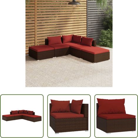 vidaXL Rattan -  5-tlg. Garten-Lounge-Set mit Kissen Poly Rattan Braun (1/5)