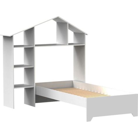 Lit d'enfant - JUANIO - Forme maison - Blanc mat laqué - 90 x 200 cm - 5 étagères de rangement (1/3)