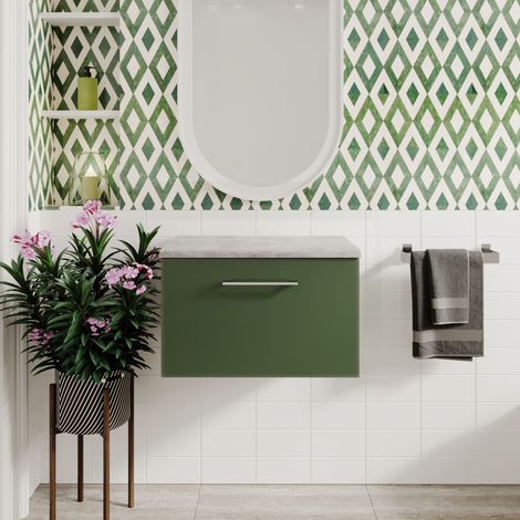 Nuie Arno Wall Hung 1-Drawer Vanity Unit with Bellato Grey Worktop 600mm Wide - Satin Green (1/5)