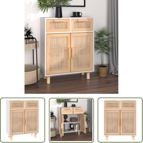 The Living Store Sideboard Weiß 60x30x75 cm Massivholz Kiefer und Natur-Rattan - Schreibtisch - Wohnzimmermöbel - Sideboard - Regal - Holzmöbel (1/5)