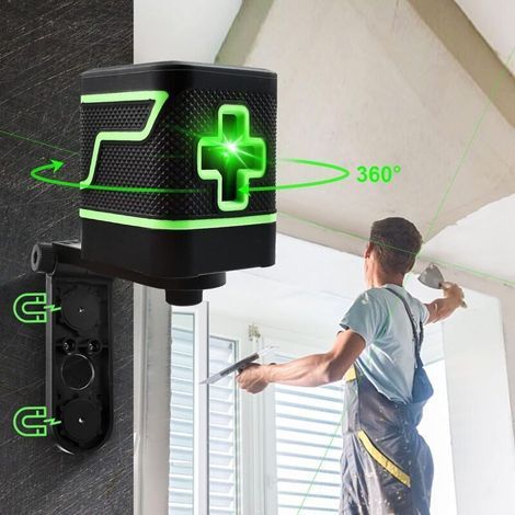 Niveau laser, ligne transversale à faisceau vert vif avec auto-nivellement, outil de ligne de niveau laser avec ligne verticale et horizontale, base pivotante magnétique à 360°, pochette de transport (1/3)