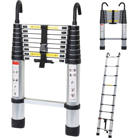 Teleskopleiter Ausziehleiter Klappleiter Stabil Aluminium Stehleiter 2,6m Silber mit haken (1/5)