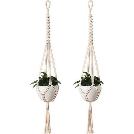 Lot de 2 suspensions pour plantes en macramé écologique, inspirées du style vintage. Corde en coton nouée à la main, idéale pour une décoration bohème et adaptée à différents styles. Longueur : 100 cm (1/4)