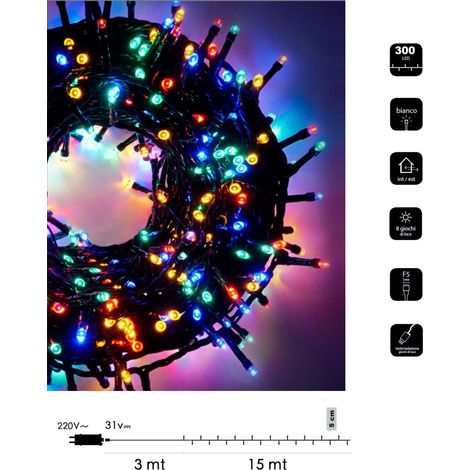 Catena di luci Natale 300 led serie luminosa natalizie per esterno interno albero feste cavo verde decorativa  Multicolore