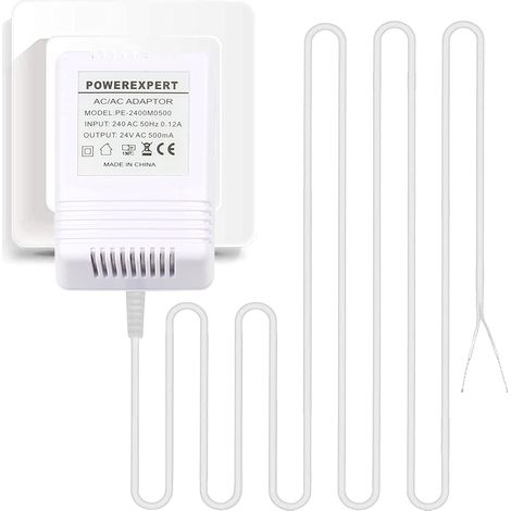 Transformateur de sonnette - 24 V/500 mA - Câble d'alimentation compatible avec sonnette vidéo - Câble de 8 m (Blanc) (1/5)
