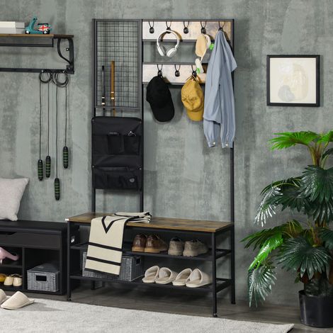 Armadio in stile industriale, 1 bacheca, 1 panca porta scarpe, 8 ganci appendiabiti, 1 borsa portaoggetti, nero + marrone