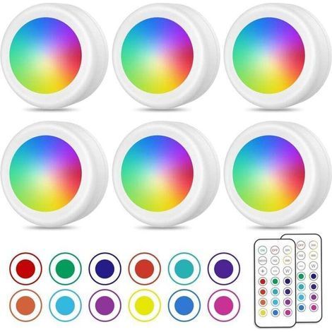Spot LED Sans Fil, Couleurs Lampe Placard avec Telecommande, Eclairage Batterie Armoire Lumiere Cuisine Sous Meuble, Veilleuse Réglable LED, Lot de 6 (1/4)