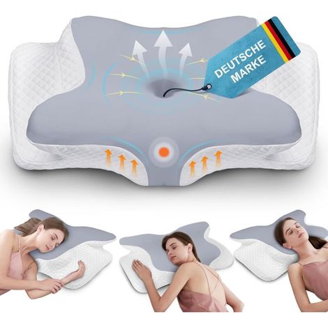 Cuscino cervicale ergonomico in memory foam, cuscino di supporto per il collo, cuscino per chi dorme su un fianco, sulla schiena o a pancia in giù, migliora il sonno, 62×41×11/13 cm, grigio-bianco (1/4)