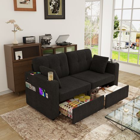 Canapé 2 places 172x75x82 cm noir en chenille avec rangements, ports USB et porte-gobelets (1/5)