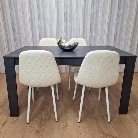 Dining Table and 4 Chairs Black Dark Grey Leather Cream Chairs Wood Dining Set Furniture (1/5)