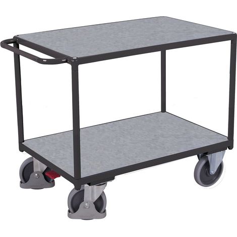 VARIOfit Schwerer Tischwagen mit Schiebegriff und 2 Zinkblechladeflächen 1200x800mm Anthrazitgrau RAL 7016