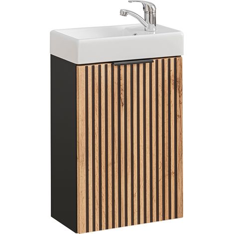 Waschbeckenunterschrank mit Waschbecken Gäste WC XANTEN-56 in anthrazit mit Eiche Nb. schwarz gerillt, B/H/T: ca. 41/66/22 cm