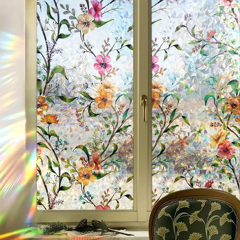 Pellicola per finestre effetto arcobaleno, con motivo floreale, 44 x 200 cm, resistente ai raggi UV, elettrostatica, ideale per uffici, camere da letto e soggiorni. (1/2)