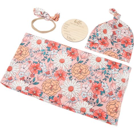 Couverture de réception pour nouveau-né à imprimé floral 4 pièces avec bandeau, respirante et douce, type 3 (1/5)