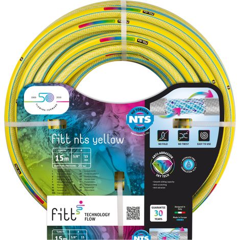 FITT NTS YELLOW 5/8" (15 mm) 15m – Tubo Giardino Flessibile e Robusto Made in Italy Struttura Innovativa Rinforzata NTS Senza Torsioni Resistenza UV Abrasione Temperature estreme