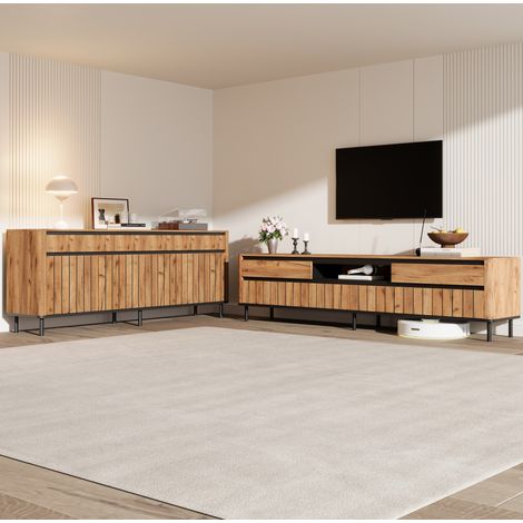 Ensemble meuble TV 180x40x52 cm et buffet 160x40x73 cm avec passe-câbles, MDF et métal, coloris naturel (1/5)