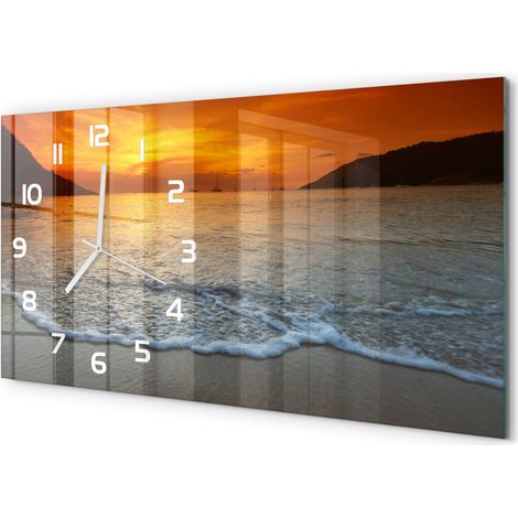 Horloge Murale Panoramique Moderne 60x30 cm Verre Trempé Sans Tic-Tac Mer au coucher du soleil (1/5)