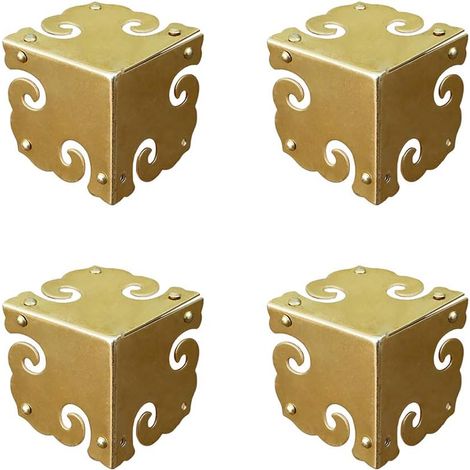 Lot de 4 protections d'angle vintage en laiton pur - Quincaillerie antique - Bords de bureau - Boîte à bijoux en bois - Trois côtés - Protection complète des coins (doré)