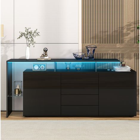 Meuble TV LED noir brillant 160 x 35 x 70 cm, 2 portes, 4 tiroirs, REDOM (1/5)