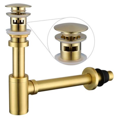 Siphon en P en laiton avec bouchon de lavabo : siphon rond de 1 1/4 po avec trop-plein, hauteur réglable, or brossé, kit de plomberie complet pour remplacement de tuyau.
