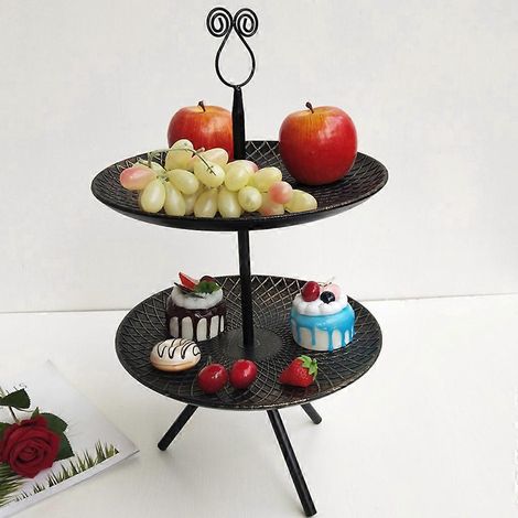 Panier à fruits et légumes à 2 niveaux, style rétro, en métal, avec support pour desserts et plateaux, idéal pour la cuisine ou le comptoir. (1/4)