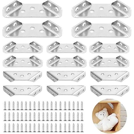 Lot de 16 supports triangulaires en acier inoxydable - 60 x 30 mm - Avec vis M4 x 16 - Pour étagères en bois, armoires, tables (1/4)