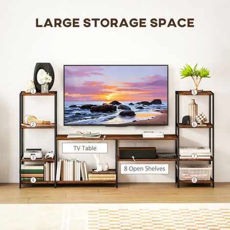 Rustic Brown TV Stand for 55-Inch TVs with 8 Storage Shelves,Durable Steel Frame,Easy Assembly,Adjustable Feet,80 kg Capacity