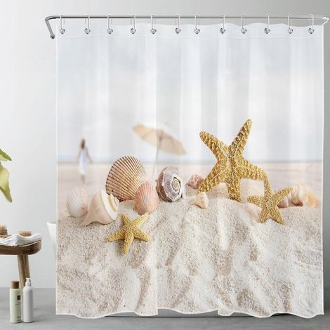 (180 x 180 cm, Meeresleinwand und weißer Sandmuschel) Duschvorhang mit tropischem Strandmotiv, inklusive Haken, wasserdicht und schimmelresistent, aus Polyester (1/5)