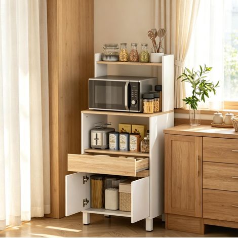 Mikrowellenschrank mit Schublade und Unterschrank, Weiß/Eiche-Optik, 60 x 40 x 131 cm, OKWISH (1/5)