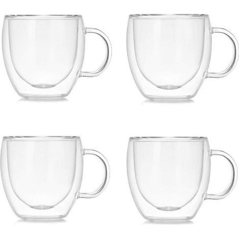 Glas-Kaffeebecher, 150 ml, doppelwandig isoliertes Borosilikatglas, mit Henkel, für Kaffee, Tee, Espresso, Bier – 4 Stück (1/4)