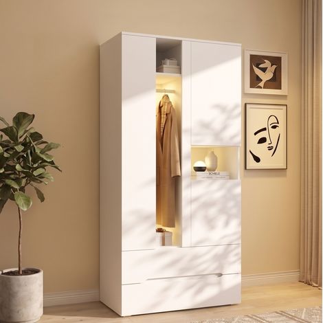 Armoire 3 portes avec LED 90x50x200 cm, 2 tiroirs, penderie et 6 niches, élément en verre, MDF blanc (1/5)
