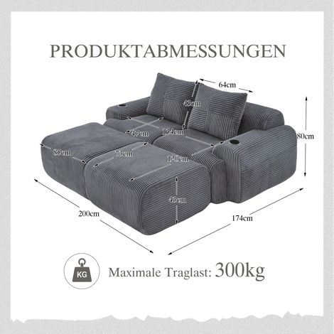 Canapé modulable 2 places en velours côtelé avec 2 poufs, porte-gobelets, poche rangement latérale – salon, salle familiale – gris foncé (1/4)