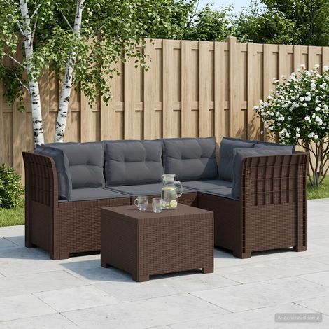 Canapé de jardin modulable 4 places aspect rotin PP marron avec coussins et table - PANGIVO (1/5)