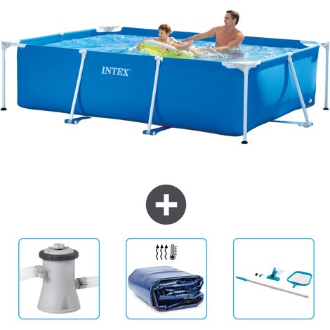 Intex – Piscine tubulaire rectangulaire 260x160x65 cm – Pompe à filtre 1250L/h – Couverture solaire WAYS D'luxe – Kit nettoyage 2 pièces