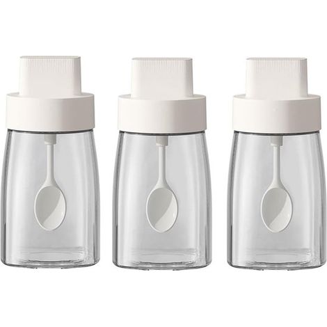3-teiliges Set aus Gewürzgläsern aus Natrium-Calcium-Glas 287 ml 9 7 oz weiß mit ausziehbarem Löffel und luftdichtem Deckel zur Aufbewahrung von 9,7 (1/5)