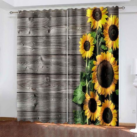 Rideaux Et Draperies Intérieurs 3D Tournesols sur Planches De Bois Vintage Rideau Occultant Thermique Isolant Anti Froid 182 X 214 Cm (L X H) Lot De 2, Rideau Opaque À Oeillet pour Chambre Enfant Cui (1/5)