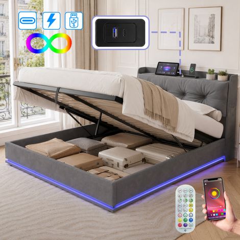 Lit 140x190 avec LED,Lit double rembourré 140x190 cm,USB et Type-C,Lit coffre,velours,gris (1/5)