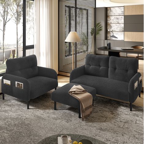 Set divano 3 pezzi con poltrona, pouf e divano 2 posti in velluto a coste grigio HAVRYA (1/5)