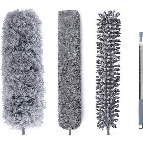 Ensemble de 3 balais à poussière télescopiques en microfibre, lavables et extra longs, avec manche télescopique en acier inoxydable pour dépoussiérer les toiles d'araignée et la poussière. (1/5)