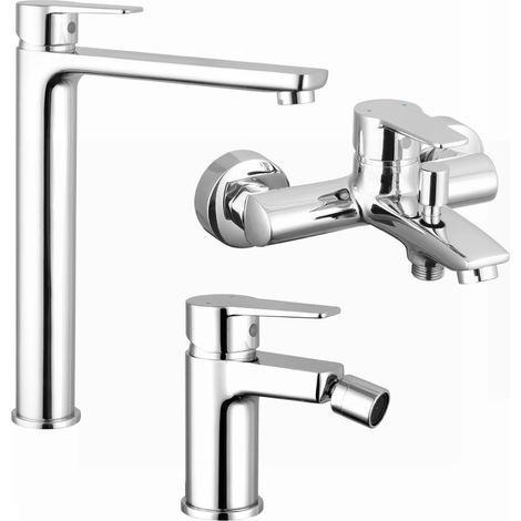 Set Miscelatori con Lavabo Alto, Bidet senza Scarico ed Esterno Vasca c/Rubinetto in Ottone Cromato Mod. Jane (1/4)