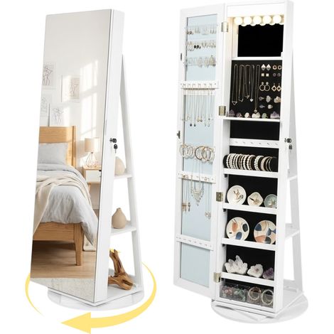 FurnitureR Armoire à Bijoux avec Miroir Pleine Longueur et Base Rotative 360°, Organisateur de Bijoux Verrouillable pour Bagues Boucles d’Oreilles Colliers et Bracelets (1/5)