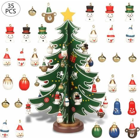 Mini sapin de Noël en bois de table avec 30 mini décorations de Noël et 1 cime d'arbre étoile pour décoration de Noël (1/5)