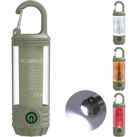 Lampe de camping rechargeable avec crochet, mini lampe de poche LED portable, 6 modes d'éclairage, lumière d'urgence étanche pour occultation, ouragan (vert foncé)