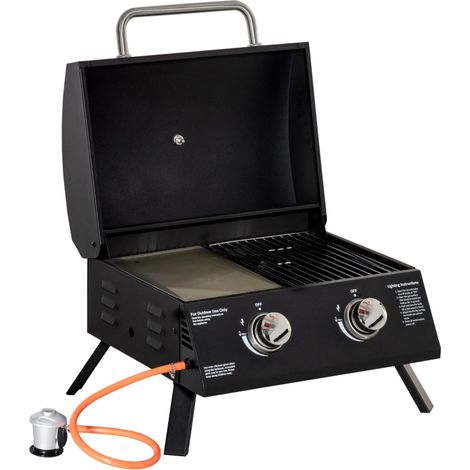 Barbacoa de Mesa a Gas Plegable con 2 Quemadores Parrilla de Gas Portátil con Tapa Acero a Carbono para Camping Picnic al Aire Libre JardĂn 55x46,5x41 cm Negro (1/2)