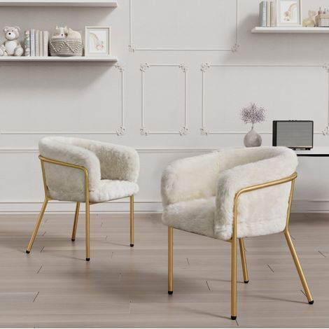 Silla de comedor, juego de 2, 57 x 57 x 77 cm, imitación de pelo blanco, patas de metal DESVIAE (1/5)
