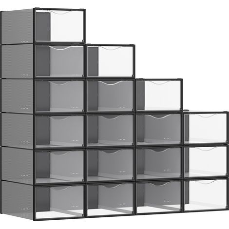 Boîtes à Chaussures, Organisateurs en Plastique, avec Porte, Lot de 18, Empilables, Montage Facile, 33,2 x 23 x 14,5 cm, pour Pointure jusqu'à 43, Transparentes et Noir d'Encre (1/5)