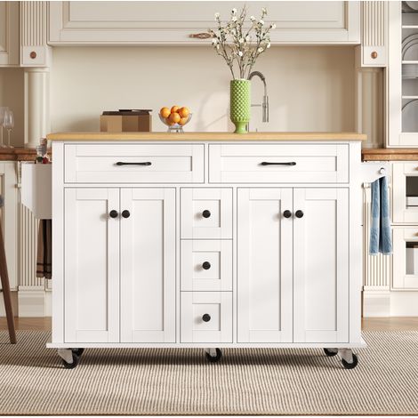 Carro de cocina extensible 140 x 65 x 89 cm, 5 cajones, MDF blanco y natural DESVIAE (1/5)