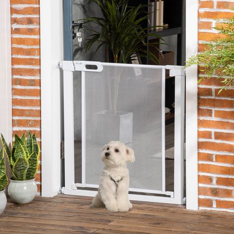 Barrière pour chiens réglable avec fermeture automatique, Acier et ABS, 75-82x76 cm, Blanc (1/5)