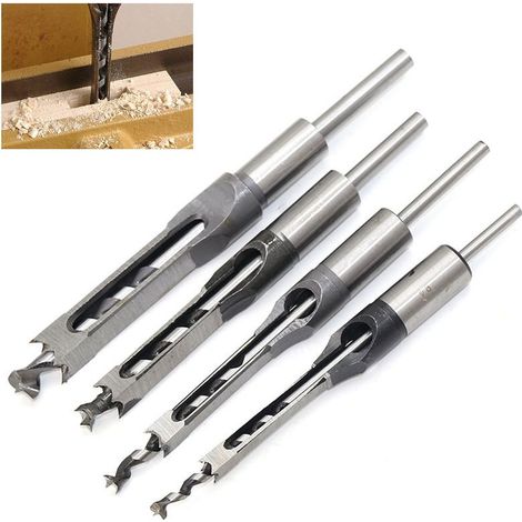 Ensemble de 4 Forets Carrés pour Mortaiseuse, Ciseaux Creux en Acier pour Menuiserie (1/4, 5/16, 3/8, 1/2 Pouces) (1/5)